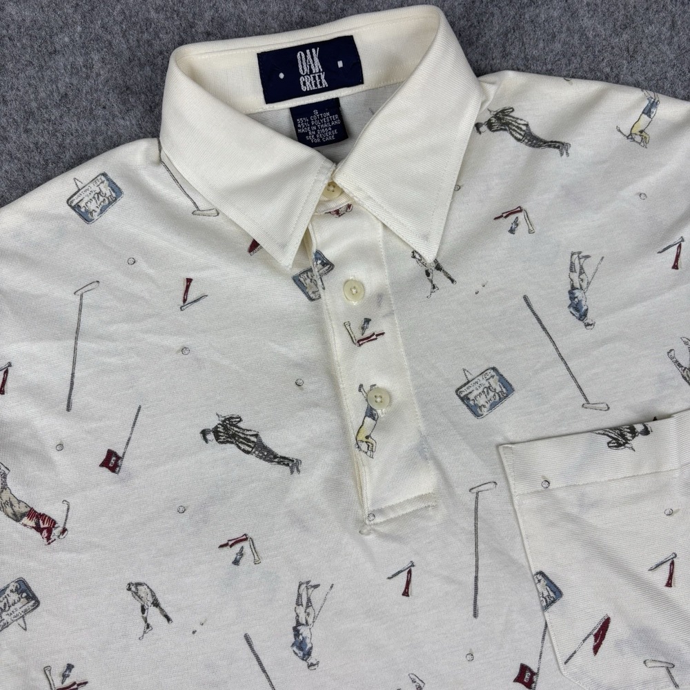 Vintage Oak Creek Polo‎ Shirt Mens Small White Golf All Over Print Short Sleeve